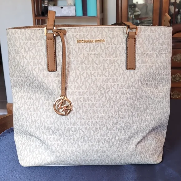 Michael Kors Cream and Brown Tote Bag with Signature Charm - Picture 1 of 17